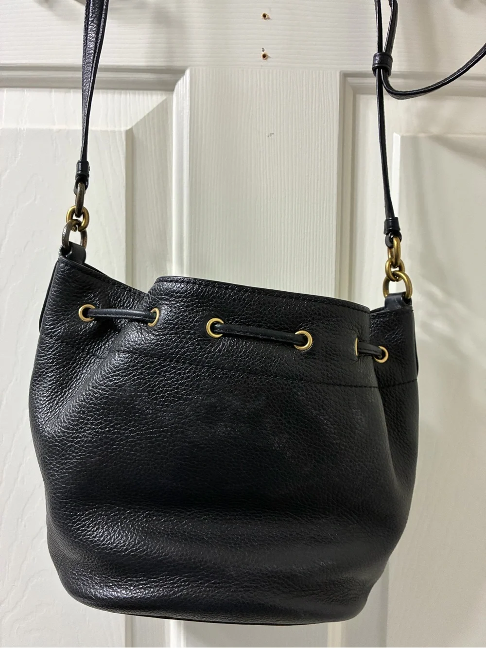 Coach Black Leather Drawstring Crossbody Bucket Bag with Gold Hardware